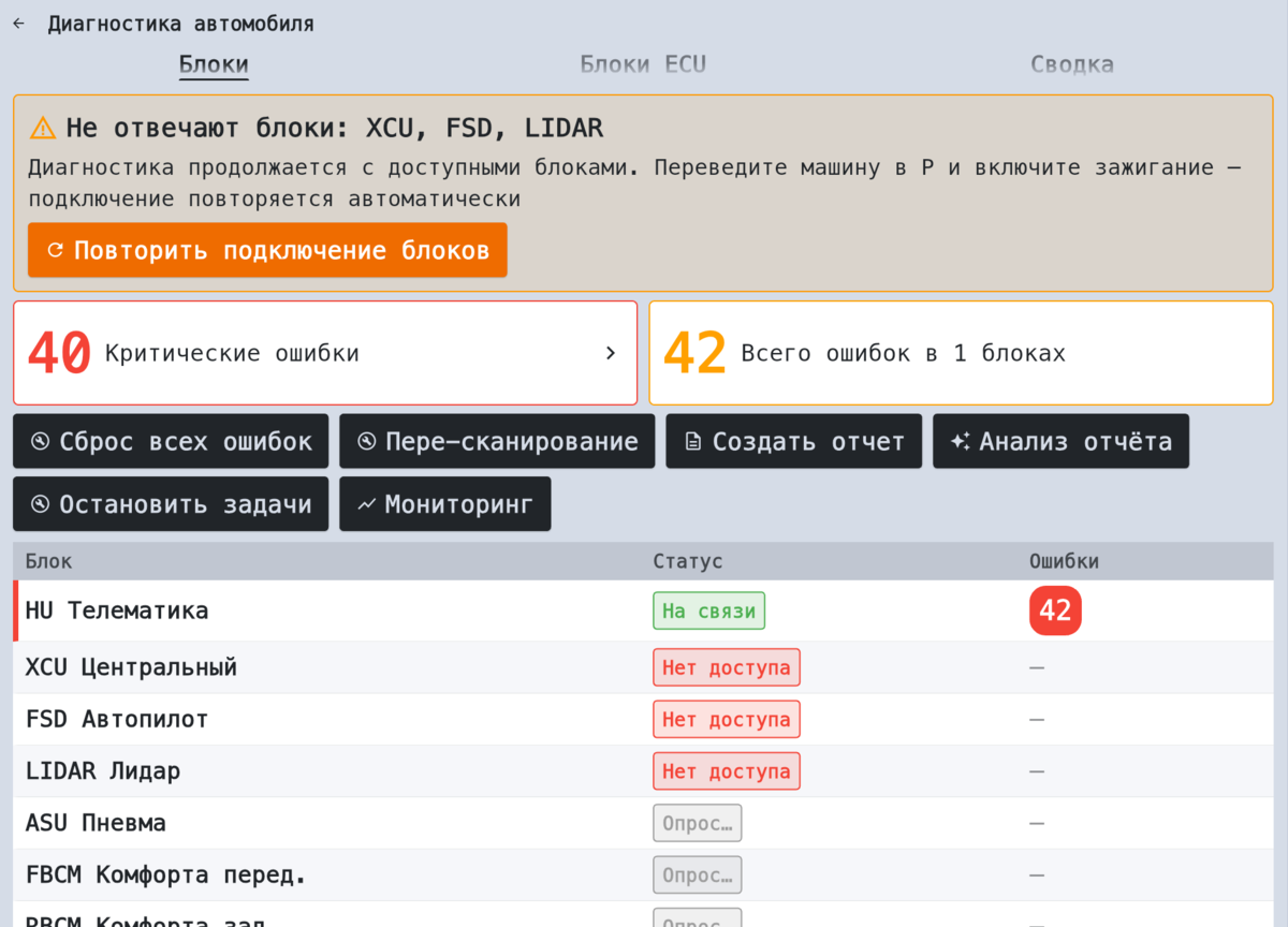 Вкладка «Блоки»: сводка ошибок и список блоков