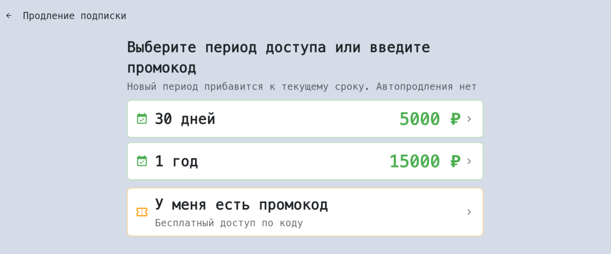 Выбор периода доступа или промокода